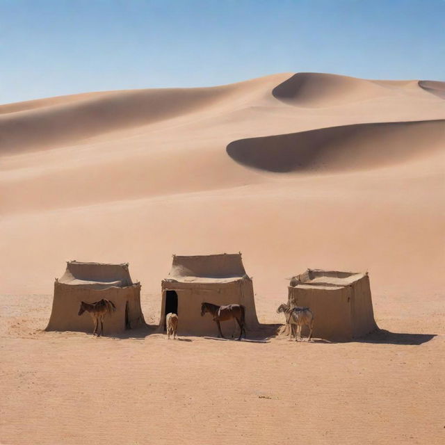 In the vast, arid desert with rolling sand dunes under a clear, blue sky, the three figures on horses have now fully established a collection of rudimentary desert dwellings in their encampment, forming a mirage-like village in the wilderness