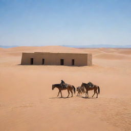 In the vast, arid desert with rolling sand dunes under a clear, blue sky, the three figures on horses have now fully established a collection of rudimentary desert dwellings in their encampment, forming a mirage-like village in the wilderness