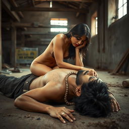 A captivating scene featuring an Indian woman with a sensual aura, reminiscent of the actress Nushrat Bharucha, elegantly perched on top of a rugged Indian man who is lying on the floor of an under-construction building