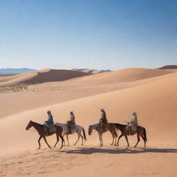 In the vast, arid desert with rolling sand dunes under a clear, blue sky, the three figures on horses have now fully established a collection of rudimentary desert dwellings in their encampment, forming a mirage-like village in the wilderness