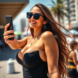 A stunning woman taking a selfie, featuring gorgeous large breasts, wearing a sexy black dress that enhances her curves