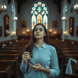 A serene and peaceful interior of the Chapel Santa Perawan Maria, featuring a young, beautiful Russian woman aged 35 in a spiritual moment