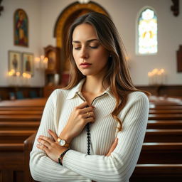 A serene and peaceful interior of the Chapel Santa Perawan Maria, featuring a young, beautiful Russian woman aged 35 in a spiritual moment