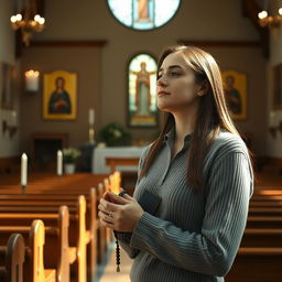 A serene and peaceful interior of the Chapel Santa Perawan Maria, featuring a young, beautiful Russian woman aged 35 in a spiritual moment