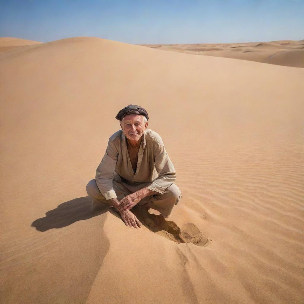 In the diverse desert village established by the figures, one of them, digging into the crisp, tan sand, suddenly startles, his face stricken with surprise, as if he's unearthed something unexpected beneath the shifting dunes