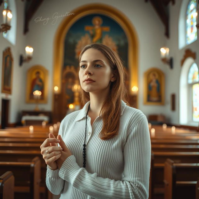 A serene and peaceful interior of the Chapel Santa Perawan Maria, featuring a young, beautiful Russian woman aged 35 in a spiritual moment