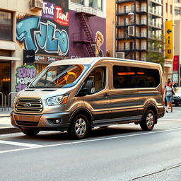 A stylish, modern Ford cargo van parked on a bustling city street