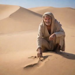 In the diverse desert village established by the figures, one of them, digging into the crisp, tan sand, suddenly startles, his face stricken with surprise, as if he's unearthed something unexpected beneath the shifting dunes