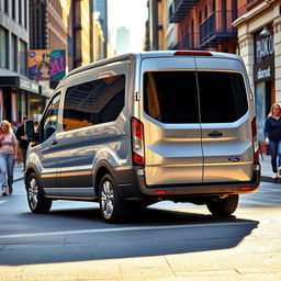 A stylish, modern Ford cargo van parked on a bustling city street