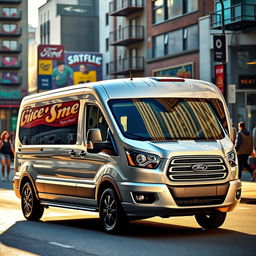 A stylish, modern Ford cargo van parked on a bustling city street