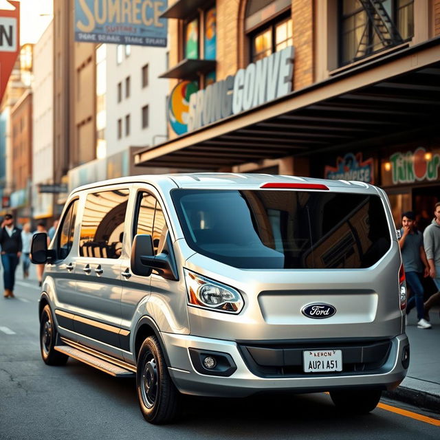 A stylish, modern Ford cargo van parked on a bustling city street