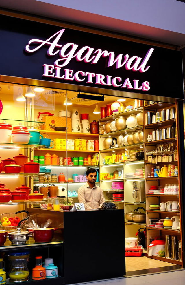 A beautifully decorated kitchenware shop named Agarwal Electricals, showcasing a vibrant array of kitchen gadgets, appliances, and utensils