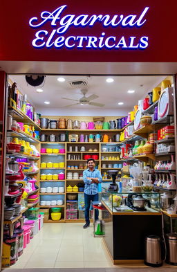 A beautifully decorated kitchenware shop named Agarwal Electricals, showcasing a vibrant array of kitchen gadgets, appliances, and utensils