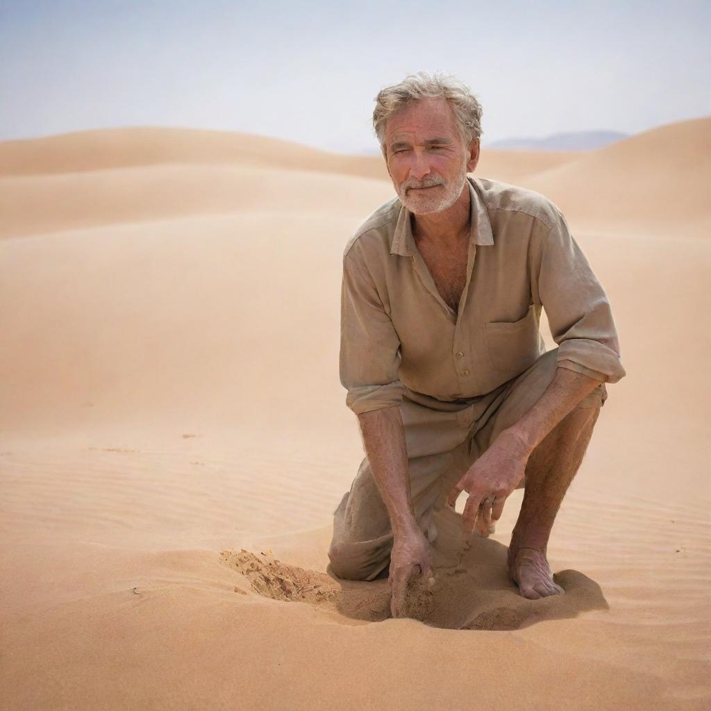 In the diverse desert village established by the figures, one of them, digging into the crisp, tan sand, suddenly startles, his face stricken with surprise, as if he's unearthed something unexpected beneath the shifting dunes