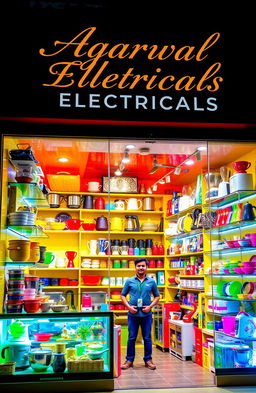 A beautifully decorated kitchenware shop named Agarwal Electricals, showcasing a vibrant array of kitchen gadgets, appliances, and utensils