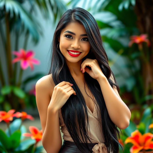 A beautiful Indonesian woman with an inviting smile, exuding confidence and charm