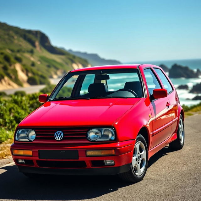 A classic 2000 Volkswagen Golf GTI parked on a picturesque coastal road