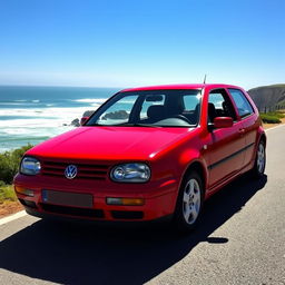 A classic 2000 Volkswagen Golf GTI parked on a picturesque coastal road
