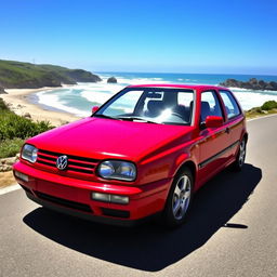 A classic 2000 Volkswagen Golf GTI parked on a picturesque coastal road