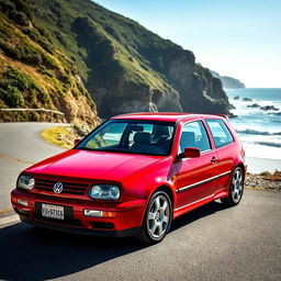 A classic 2000 Volkswagen Golf GTI parked on a picturesque coastal road