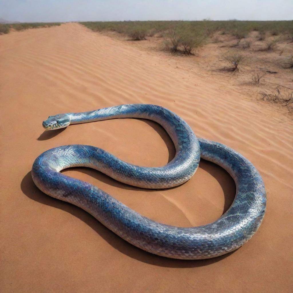 From the desert soil, a giant snake, inconceivably long with shiny, iridescent scales, begins to unfurl itself, its length seeming to stretch across the entire horizon, causing a wave of shocked awe among the villagers