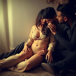 A sensual Pakistani woman sitting gracefully on the floor of a softly lit room, leaning against a wall