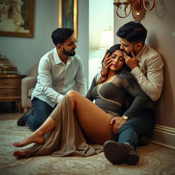 A sensual Pakistani woman sitting gracefully on the floor of a softly lit room, leaning against a wall