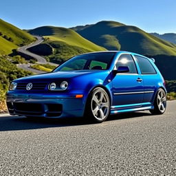 A stunning 2000 Volkswagen Golf GTI modified with a lowered suspension, showcasing a sleek and aggressive stance