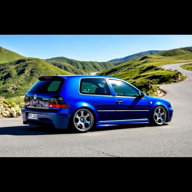 A stunning 2000 Volkswagen Golf GTI modified with a lowered suspension, showcasing a sleek and aggressive stance