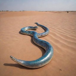 From the desert soil, a giant snake, inconceivably long with shiny, iridescent scales, begins to unfurl itself, its length seeming to stretch across the entire horizon, causing a wave of shocked awe among the villagers