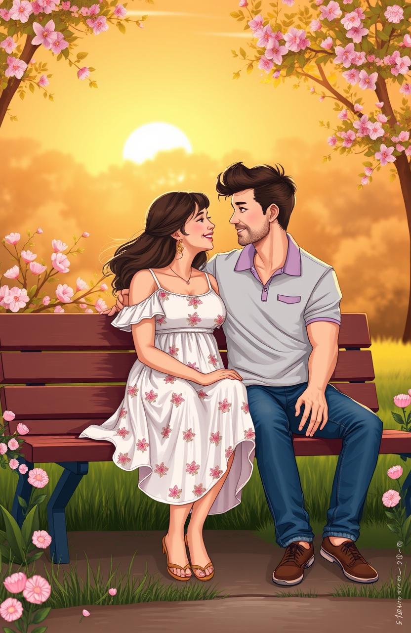 A wonderfully vibrant illustration showcasing a loving couple sitting on a park bench during sunset