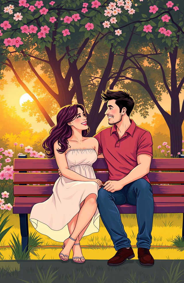 A wonderfully vibrant illustration showcasing a loving couple sitting on a park bench during sunset