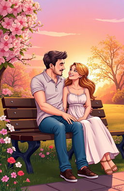 A wonderfully vibrant illustration showcasing a loving couple sitting on a park bench during sunset
