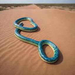 From the desert soil, a giant snake, inconceivably long with shiny, iridescent scales, begins to unfurl itself, its length seeming to stretch across the entire horizon, causing a wave of shocked awe among the villagers