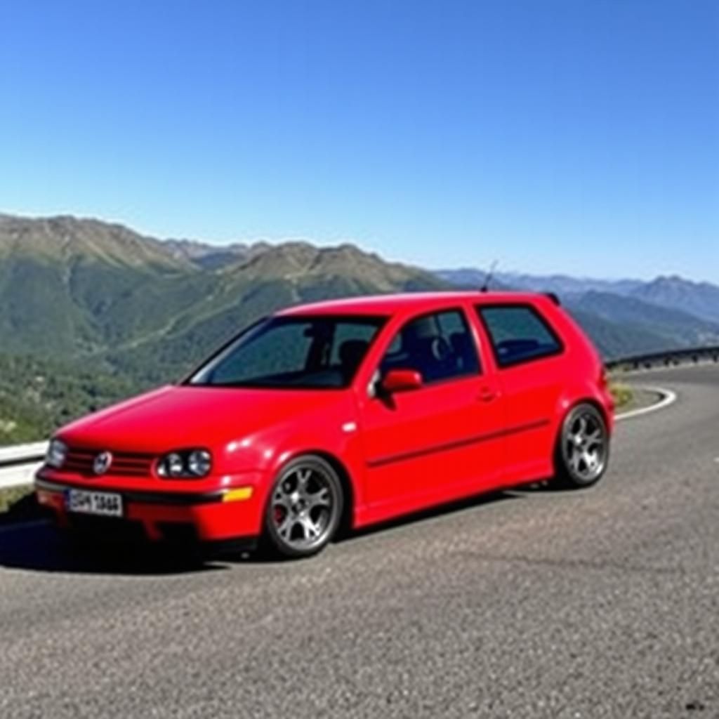 A striking 2000 Volkswagen Golf GTI with a lowered suspension, showcasing its sporty and aggressive stance