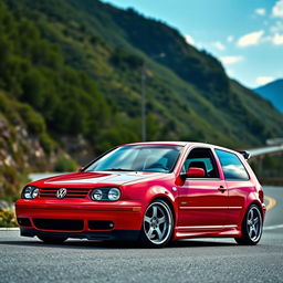 A striking 2000 Volkswagen Golf GTI with a lowered suspension, showcasing its sporty and aggressive stance