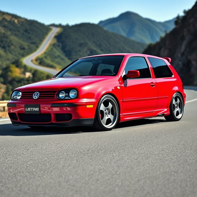 A striking 2000 Volkswagen Golf GTI with a lowered suspension, showcasing its sporty and aggressive stance