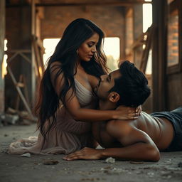 A sensual portrait of a charismatic Indian woman with long, flowing hair, embodying the character of an alluring figure in a scene that highlights love and intimacy