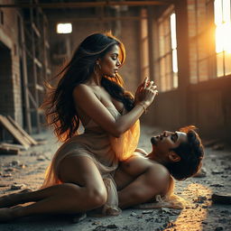 A sensual portrait of a charismatic Indian woman with long, flowing hair, embodying the character of an alluring figure in a scene that highlights love and intimacy