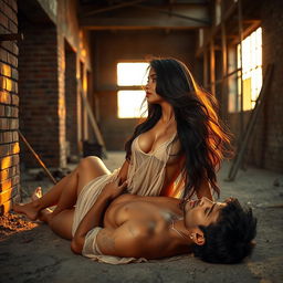 A sensual portrait of a charismatic Indian woman with long, flowing hair, embodying the character of an alluring figure in a scene that highlights love and intimacy