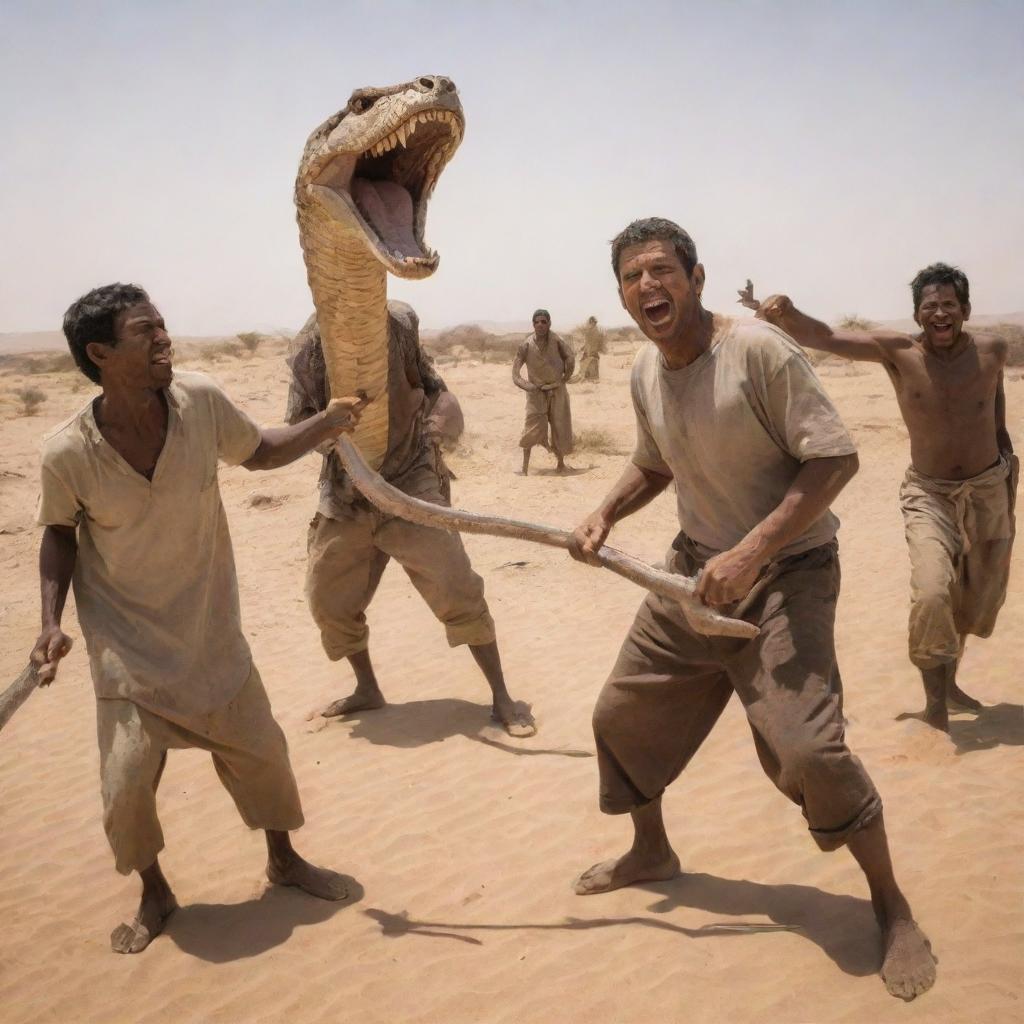 Upon sighting the giant snake, the villagers, now appearing brave and determined, arm themselves with gleaming knives, their faces set with a grim resolve under the stark desert sun