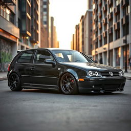 A visually striking 2003 Volkswagen Golf GTI with a lowered suspension, presenting a sporty and aggressive look