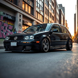 A visually striking 2003 Volkswagen Golf GTI with a lowered suspension, presenting a sporty and aggressive look