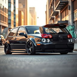 A visually striking 2003 Volkswagen Golf GTI with a lowered suspension, presenting a sporty and aggressive look