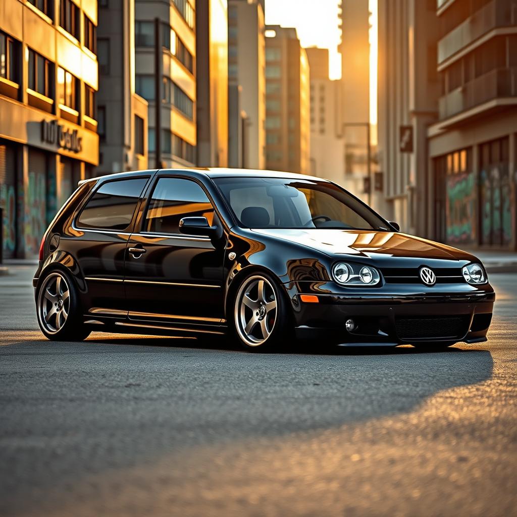 A visually striking 2003 Volkswagen Golf GTI with a lowered suspension, presenting a sporty and aggressive look