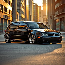 A visually striking 2003 Volkswagen Golf GTI with a lowered suspension, presenting a sporty and aggressive look