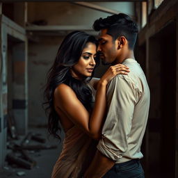 A sensual portrayal of an alluring Indian woman in a partially constructed building, characterized by dramatic lighting and a rustic urban backdrop
