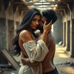A sensual portrayal of an alluring Indian woman in a partially constructed building, characterized by dramatic lighting and a rustic urban backdrop