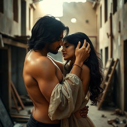 A sensual portrayal of an alluring Indian woman in a partially constructed building, characterized by dramatic lighting and a rustic urban backdrop