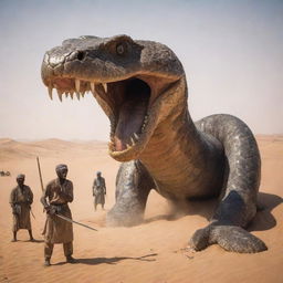 Upon sighting the giant snake, the villagers, now appearing brave and determined, arm themselves with gleaming knives, their faces set with a grim resolve under the stark desert sun